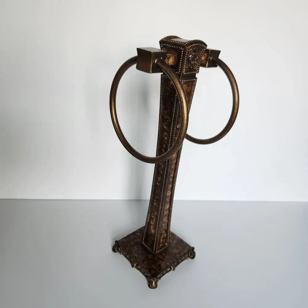 Hollywood Regency Bronze Resin Ornate Pedestal Double Ring Towel Stand 13